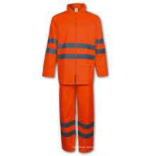 Traje de lluvia de seguridad de color naranja PU con banda reflectante alta